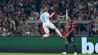 Kevin De Bruyne of SSC Napoli celebrates after scoring first goal during the Serie A Enilive match between Genoa CFC and SSC Napoli at Luigi Ferraris Stadium on August 22, 2026 in Genoa, Italy (Photo by Giuseppe Maffia/NurPhoto)
