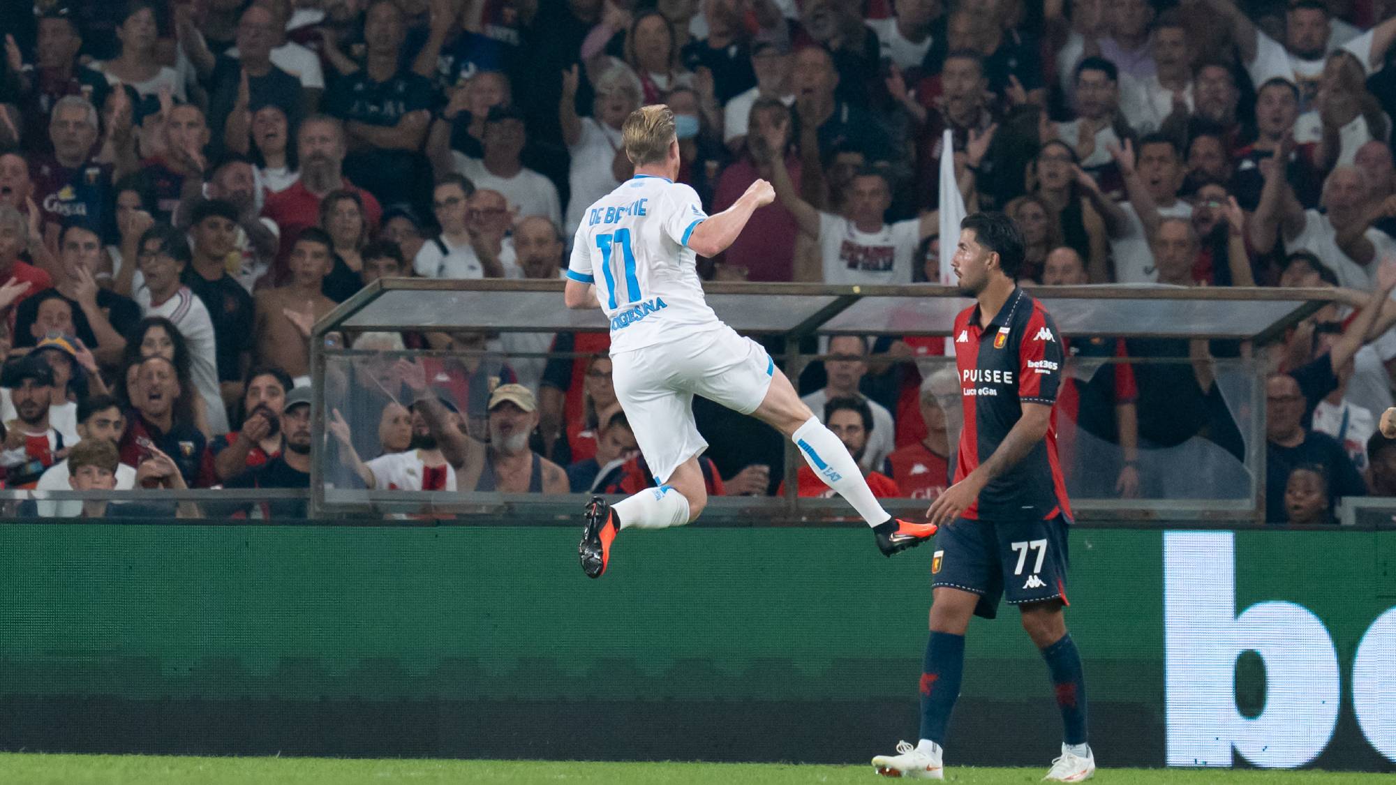Kevin De Bruyne of SSC Napoli celebrates after scoring first goal during the Serie A Enilive match between Genoa CFC and SSC Napoli at Luigi Ferraris Stadium on August 22, 2026 in Genoa, Italy (Photo by Giuseppe Maffia/NurPhoto)