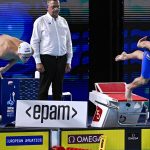 A későbbi győztes Milák Kristóf (j) rajtol a férfi 100 méteres pillangóúszás döntőjében a párizsi vizes Európa-bajnokságon az olimpiai vizesközpontban 2026. augusztus 13-án. Milák Kristóf 49.48 másodperces Európa-csúccsal győzött. Balról Kós Hubert.
