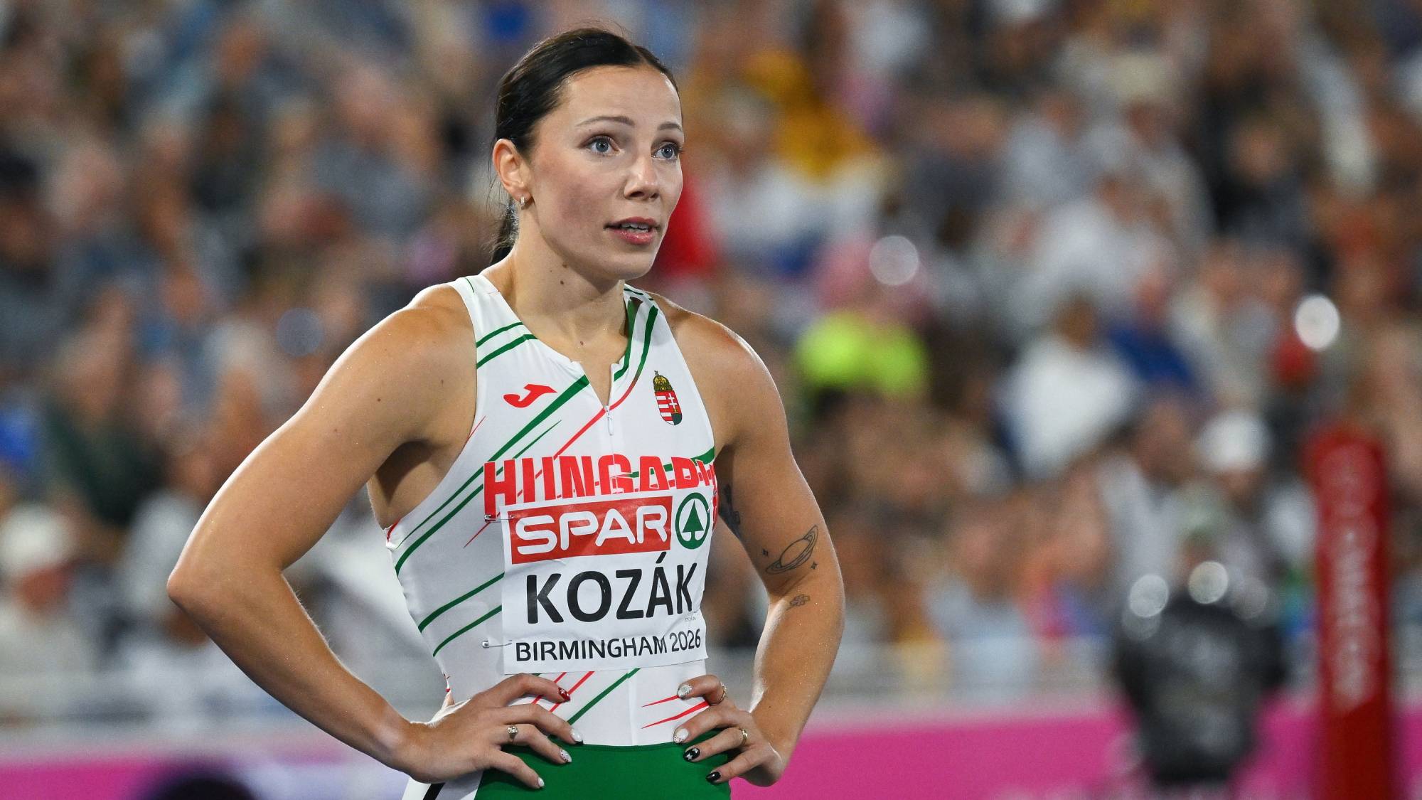 Kozák Luca a női 100 méteres gátfutás döntője után a birminghami atlétikai Európa-bajnokságon 2026. augusztus 11-én.