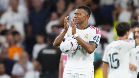 Kylian Mbappe centre-forward of Real Madrid and France with the ball after scored hat-trick during the LaLiga EA Sports 2026/27 match between Real Madrid and Real Sociedad at Estadio Santiago Bernabeu on August 26, 2026 in Madrid, Spain. (Photo by Jose Breton/Pics Action/NurPhoto)