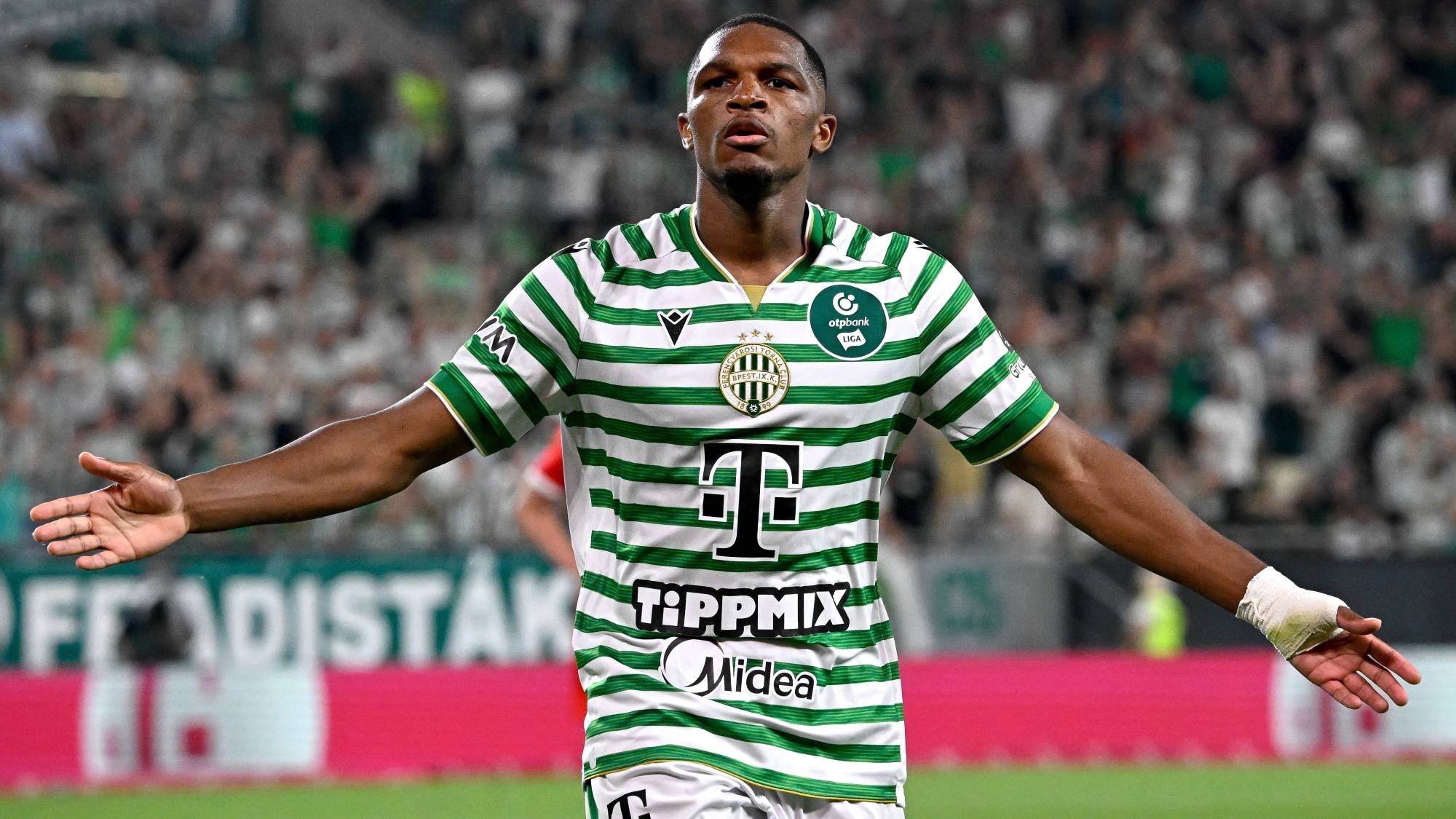A gólszerző Lenny Joseph, a Ferencváros játékosa a labdarúgó Európa-liga selejtezőjének 2. fordulójában játszott Ferencvárosi TC - Twente visszavágó mérkőzésen a Groupama Arénában 2026. július 30-án.