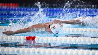 Milák Kristóf a férfi 100 méteres pillangóúszás középdöntőjében a párizsi vizes Európa-bajnokságon az olimpiai vizesközpontban 2026. augusztus 12-én.