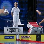 Milák Kristóf (b) és Németh Nándor rajtol a férfi 100 méteres gyorsúszás előfutamában a párizsi vizes Európa-bajnokságon az olimpiai vizesközpontban 2026. augusztus 11-én.