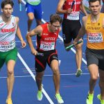 Molnár Attila (b) a férfi 4x400 méteres váltófutás előfutamában a birminghami atlétikai Európa-bajnokságon 2026. augusztus 14-én.