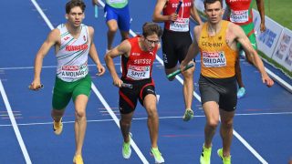 Molnár Attila (b) a férfi 4x400 méteres váltófutás előfutamában a birminghami atlétikai Európa-bajnokságon 2026. augusztus 14-én.