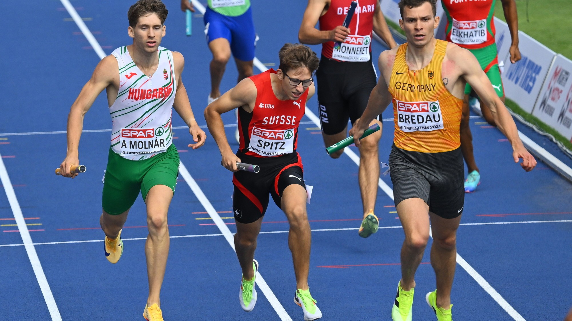 Molnár Attila (b) a férfi 4x400 méteres váltófutás előfutamában a birminghami atlétikai Európa-bajnokságon 2026. augusztus 14-én.