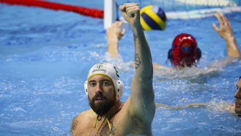 Német Toni ,az FTC-Telekom Waterpolo játékosa játékosa az E.ON férfi vízilabda OB I döntőjében játszott FTC-Telekom Waterpolo - Vasas Plaket első mérkőzésén a Komjádi uszodában 2025. május 7-én.