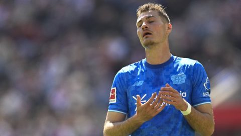 Bayer Leverkusen's Czech forward #14 Patrik Schick reacts after a missed attempt on goal during the German first division Bundesliga football match 1 FC Cologne v Bayer 04 Leverkusen in Cologne, western Germany, on April 25, 2026.