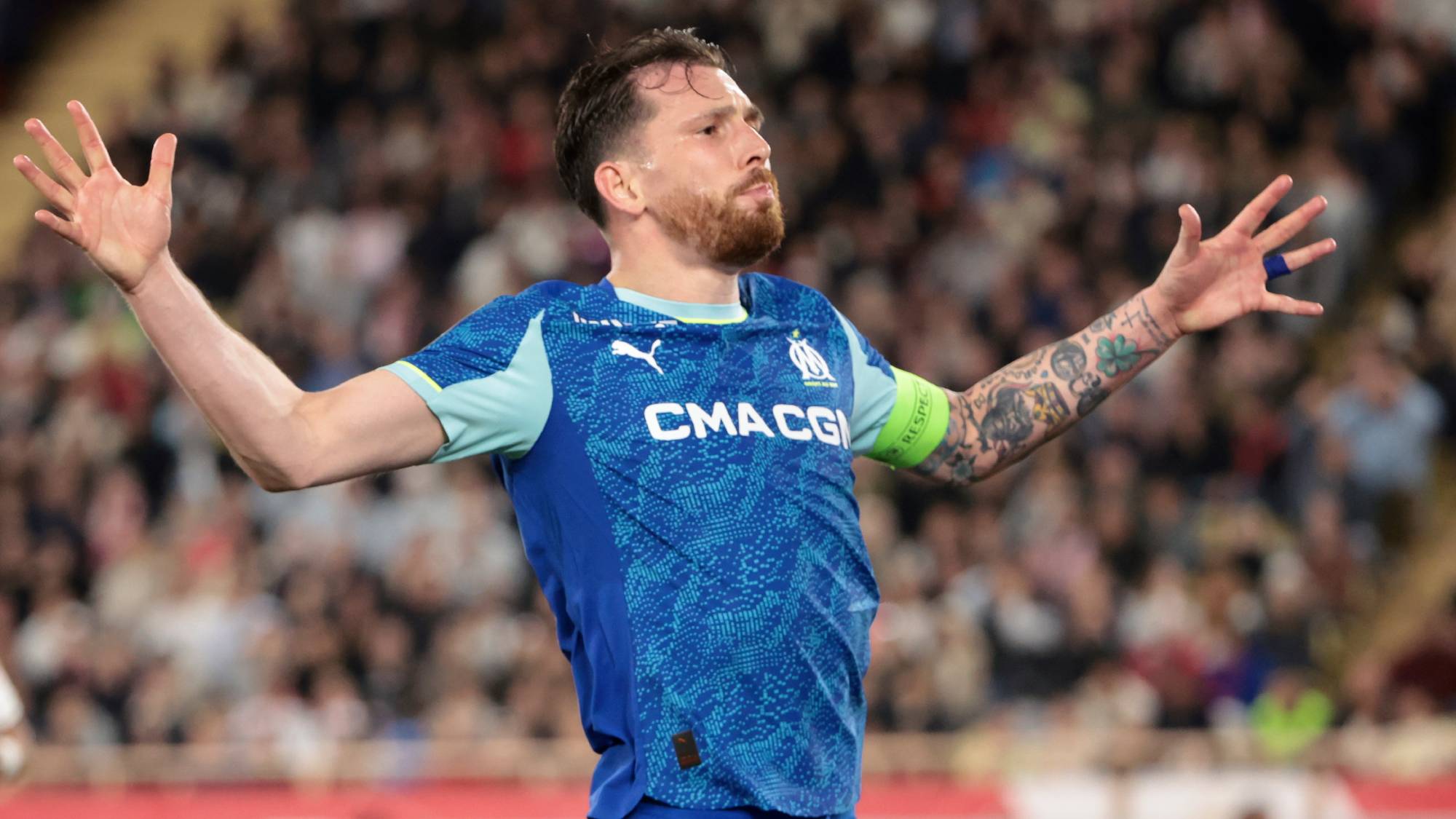 MONACO, MONACO - APRIL 5: Pierre-Emile Hojbjerg of Marseille during the Ligue 1 McDonald's football match between AS Monaco (ASM) and Olympique de Marseille (OM) at Stade Louis II on April 5, 2026 in Monaco, Monaco. (Photo by Jean Catuffe/Getty Images)