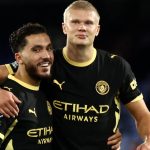 Manchester City's French midfielder #10 Rayan Cherki and Manchester City's Norwegian striker #09 Erling Haaland celebrate after the English Premier League football match between Crystal Palace and Manchester City at Selhurst Park in south London on August 28, 2026.