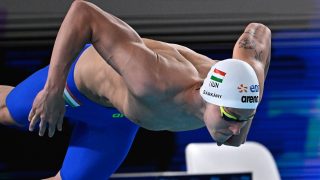 A későbbi bronzérmes Sárkány Zalán a férfi 800 méteres gyorsúszás döntőjében a párizsi vizes Európa-bajnokságon az olimpiai vizesközpontban 2026. augusztus 12-én.
