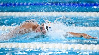 Szabó Szebasztián a férfi 4x100 méteres gyorsváltó előfutamában a párizsi vizes Európa-bajnokságon az olimpiai vizesközpontban 2026. augusztus 13-án.