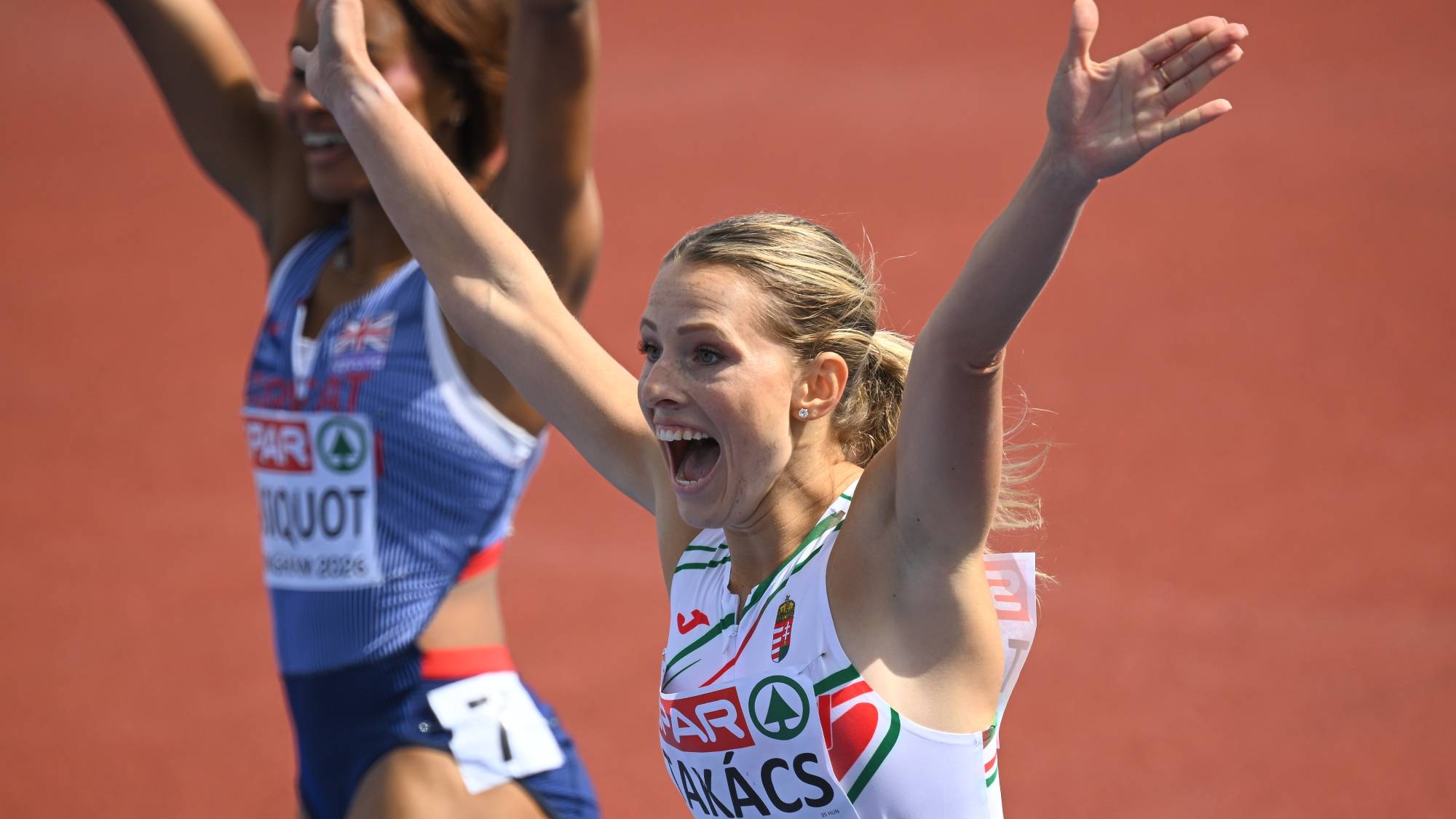 Takács Boglárka a női 100 méteres síkfutás előfutama után a birminghami atlétikai Európa-bajnokságon 2026. augusztus 10-én.