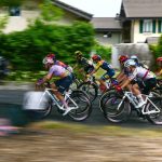 The pack rides during the 3rd (out of 9) stage of the fifth edition of the Women's Tour de France cycling race, 156.5 km from Geneva to Poligny, in Poligny, central-eastern France on August 3, 2026.