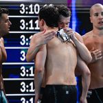 Németh Nándor, Milák Kristóf, Kós Hubert és Szabó Szebasztián (b-j), a győztes magyar váltó tagjai a férfi 4x100 méteres gyorsváltó döntője után a párizsi vizes Európa-bajnokságon az olimpiai vizesközpontban 2026. augusztus 13-án.