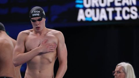 Belgian swimmer Vincent Van Hooydonck pictured before the heats of the men's 50m Freestyle on the sixth day of the European Aquatics Championships in Paris, France on Saturday 15 August 2026. BELGA PHOTO VIRGINIE LEFOUR VIRGINIE LEFOUR / BELGA MAG / Belga via AFP