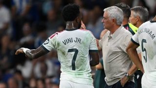 BARCELONA, SPAIN - AUGUST 22: Jose Mourinho, Head Coach of Real Madrid reacts with Jude Bellingham and Vinicius Junior of Real Madrid during the LaLiga EA Sports 2026/27 match between RCD Espanyol de Barcelona and Real Madrid at RCDE Stadium on August 22, 2026 in Barcelona, Spain. (Photo by David Ramos/Getty Images)