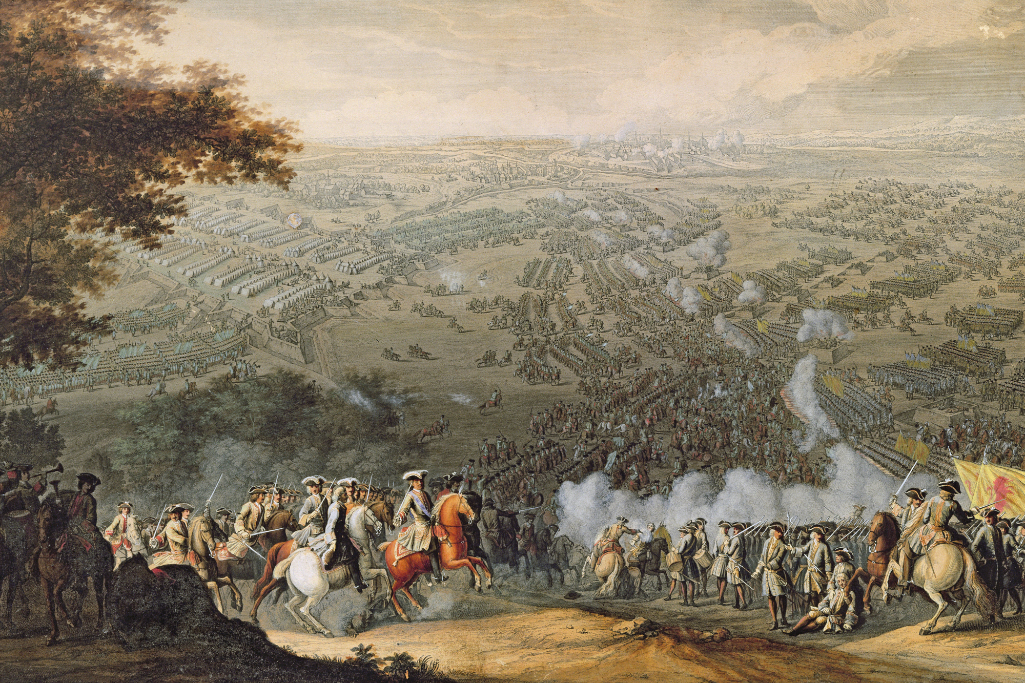 Magyarországon át menekült az álruhás svéd király 3 Historical battlefield scene with marching troops, cavalry, and camp tents across a wide valley; smoke and distant city on the horizon.