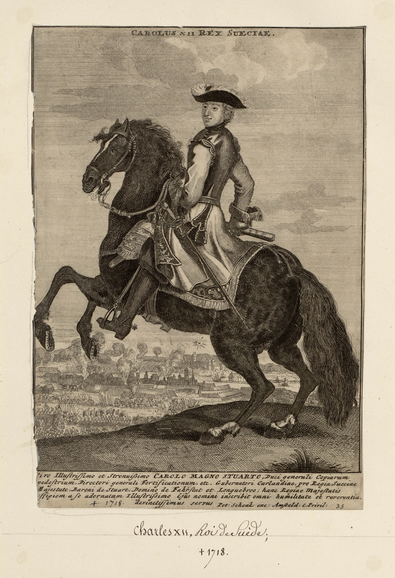 Magyarországon át menekült az álruhás svéd király 2 Portrait of Charles XII of Sweden on a rearing horse, in military dress, overlooking a battlefield with smoke and small figures below.