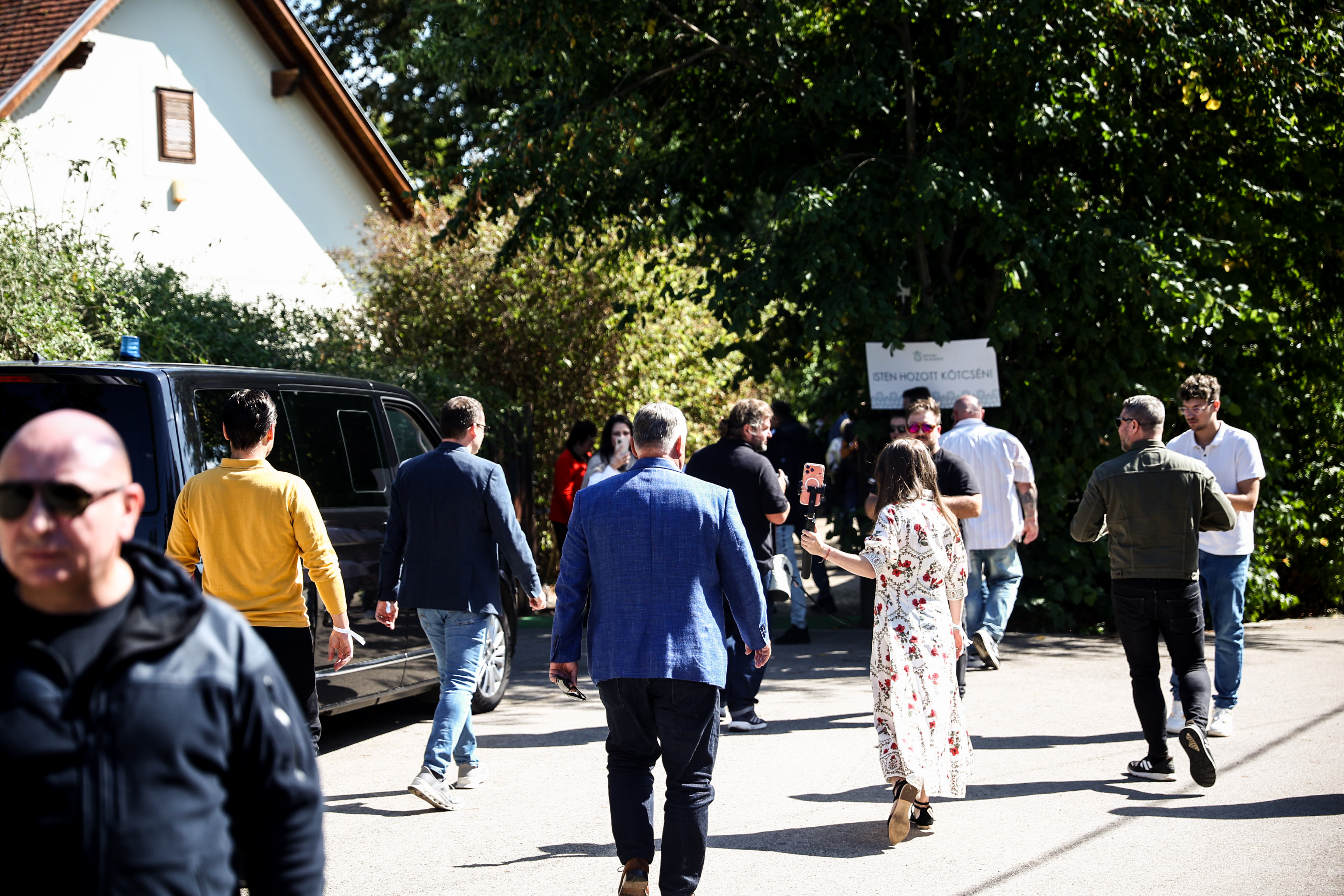 Crowd of people walking away from the camera on a sunny street, with a black van on the left and trees overhead.