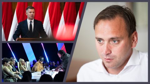 Collage showing a man speaking at a podium with red-and-white flags, a TV studio audience, and a close-up of a man in a white shirt.