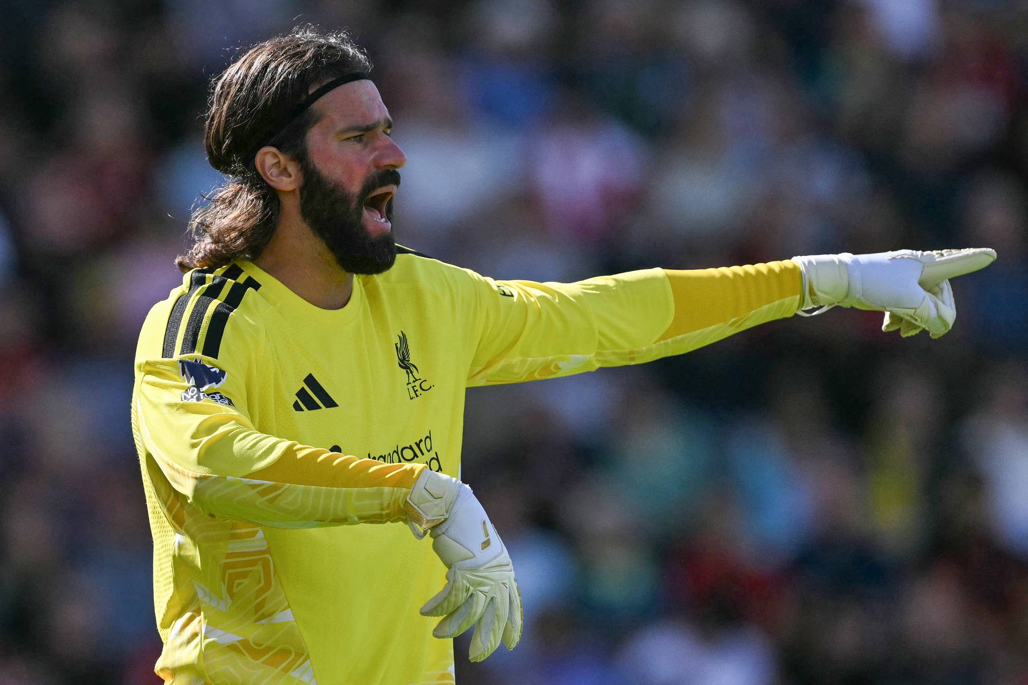 Liverpool's Brazilian goalkeeper #01 Alisson Becker gestures during the English Premier League football match between Bournemouth and Liverpool at the Vitality Stadium in Bournemouth, southern England on September 20, 2026.