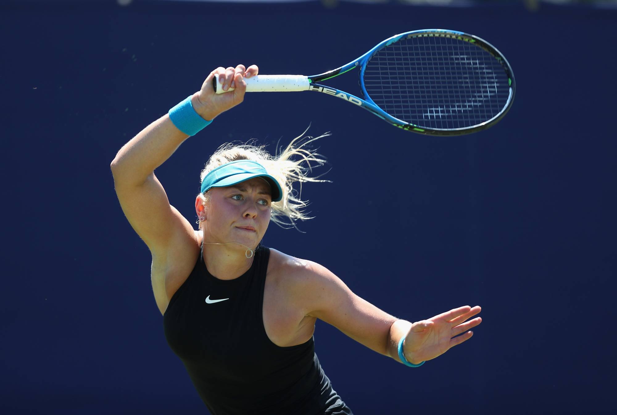 PORTSMOUTH, ENGLAND - JUNE 26: Carina Witthoeft of Germany in action against Pauline Parmentier of France celebrates in their Round One match during Day One of the Fuzion 100 Southsea Trophy at Canoe Lake Leisure on June 26, 2018 in Portsmouth, United Kingdom. (Photo by Christopher Lee/Getty Images for LTA)
