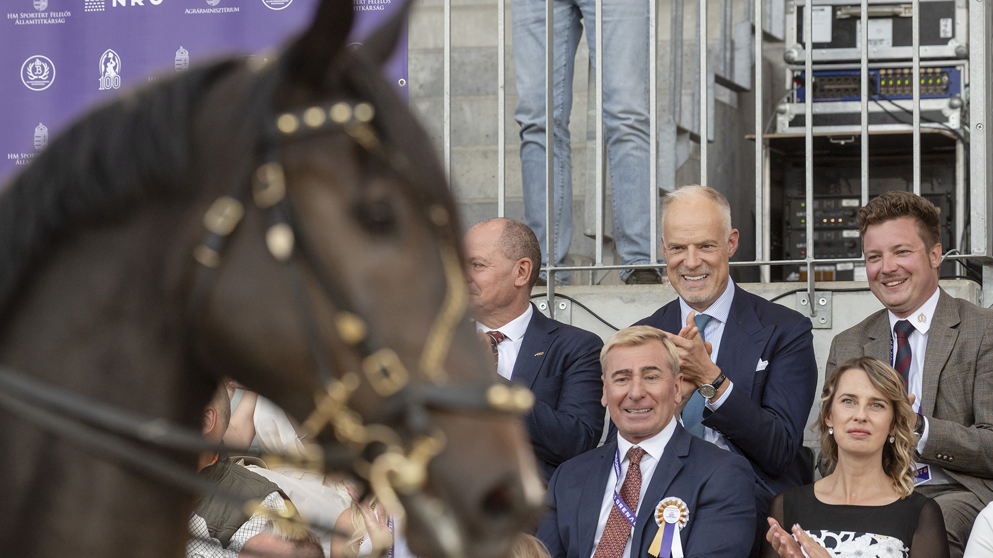 Group of formally dressed attendees posing and clapping at an outdoor ceremony, with a horse in the blurred foreground left.