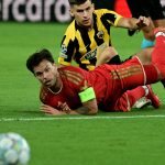 LASK's Austrian midfielder #30 Sascha Horvath (L) and AEK Athens' Hungarian midfielder #27 Milan Vitalis eye the ball during the UEFA Champions League - League phase, Matchday 1 - football match between AEK Athens and LASK at Agia Sophia Stadium in Athens on September 8, 2026.