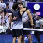 NEW YORK, NEW YORK - SEPTEMBER 08: Ben Shelton of the United States embraces Carlos Alcaraz of Spain after Shelton won their Men's Singles Quarterfinal match on Day Ten of the 2026 US Open at USTA Billie Jean King National Tennis Center on September 08, 2026 in the Flushing neighborhood of the Queens borough of New York City. Julian Finney/Getty Images/AFP