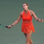 NEW YORK, NEW YORK - SEPTEMBER 08: Aryna Sabalenka reacts against Linda Noskova of Czechia during their Women's Singles Quarterfinal match on Day Ten of the 2026 US Open at USTA Billie Jean King National Tennis Center on September 08, 2026 in the Flushing neighborhood of the Queens borough of New York City. Sarah Stier/Getty Images/AFP