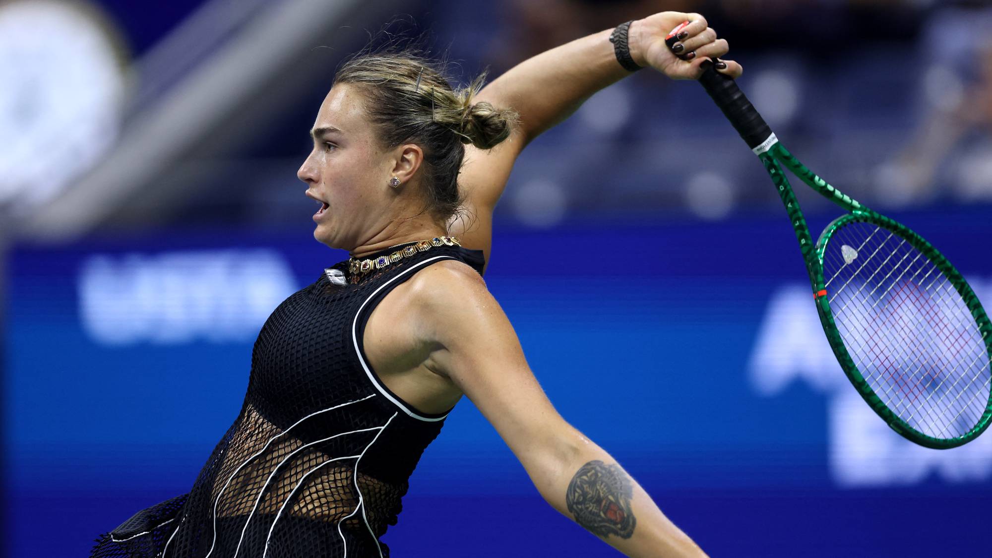 NEW YORK, NEW YORK - SEPTEMBER 02: Aryna Sabalenka returns a shot against Polina Iatcenko during their Women's Singles Second Round match on Day Four of the 2026 US Open at USTA Billie Jean King National Tennis Center on September 02, 2026 in the Flushing neighborhood of the Queens borough of New York City. Julian Finney/Getty Images/AFP