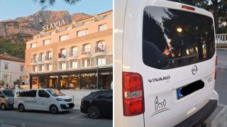 Split image: left shows a peach-colored hotel named 'Slavia' with outdoor seating and parked vans in front; mountainous backdrop above town.