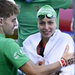 Betlehem Dávid és Fábián Bettina, a későbbi bronzérmes magyar váltó tagjai a nyíltvízi úszók váltóversenyében a párizsi vizes Európa-bajnokságon a Szajnán 2026. augusztus 8-án.