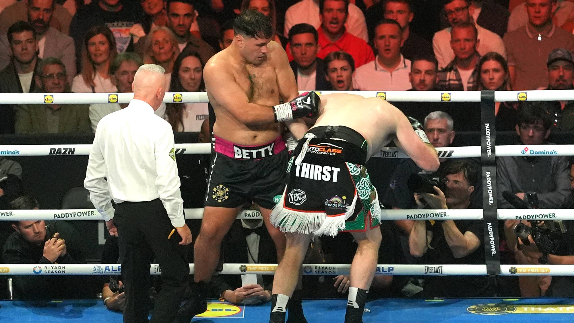 David Allen (left) in action against Thomas Carty during the heavyweight bout at Croke Park, Dublin. Picture date: Saturday September 5, 2026. (Photo by Brian Lawless/PA Images via Getty Images)