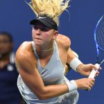 Carina Witthoeft of Germany serves to Serena Williams (out of frame) of the US during Day 3 of the 2018 US Open Women's Singles match at the USTA Billie Jean King National Tennis Center in New York on August 29, 2018.