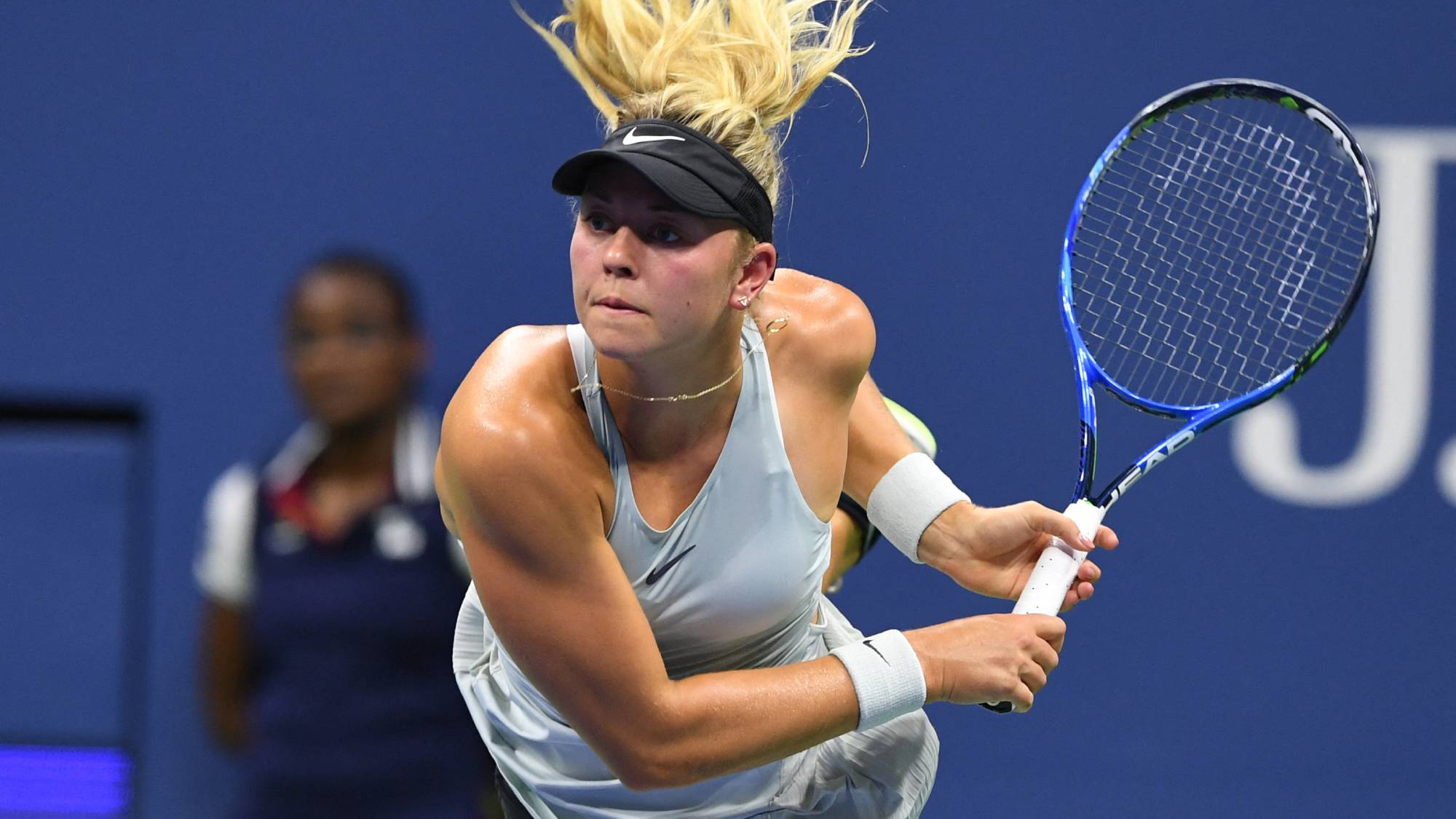 Carina Witthoeft of Germany serves to Serena Williams (out of frame) of the US during Day 3 of the 2018 US Open Women's Singles match at the USTA Billie Jean King National Tennis Center in New York on August 29, 2018.