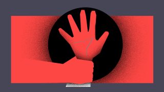 Abstract graphic: a red hand silhouette inside a black circle on a red panel with a dark gray border behind it.