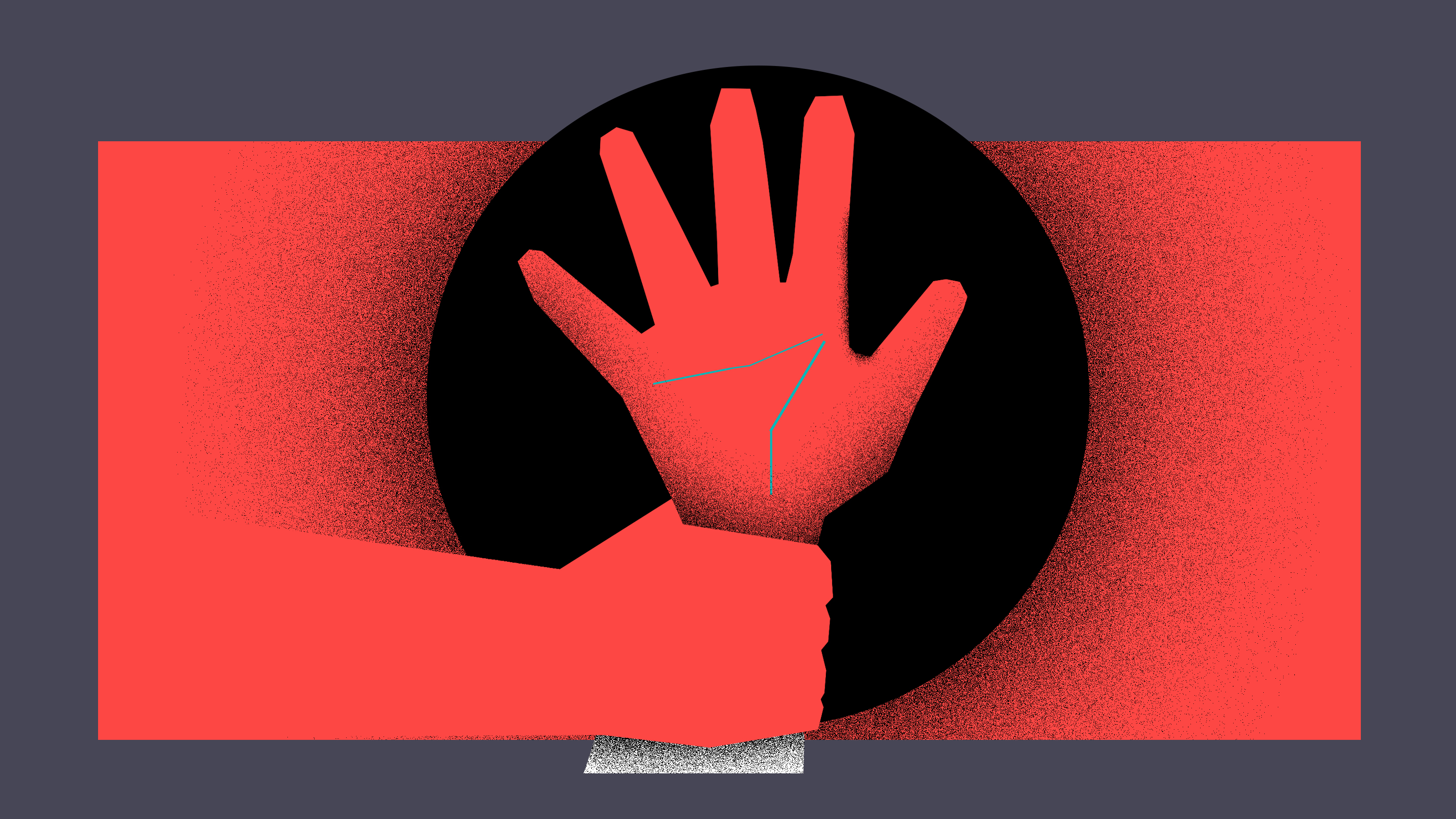 Abstract graphic: a red hand silhouette inside a black circle on a red panel with a dark gray border behind it.