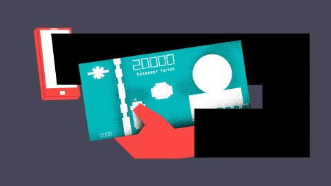 Stylized teal banknote labeled '2000 forint' held by a red hand, with a smartphone nearby on a dark background.