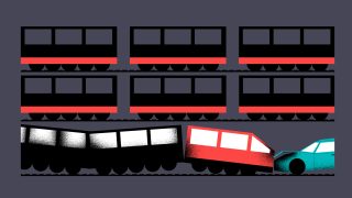 Stylized illustration of a freight train with three black boxcars and a red stripe, on railroad tracks against a dark background.