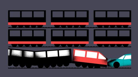 Stylized illustration of a freight train with three black boxcars and a red stripe, on railroad tracks against a dark background.