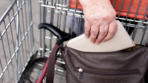 Close-up of a hand placing a beige zippered wallet into a brown leather bag inside a shopping cart