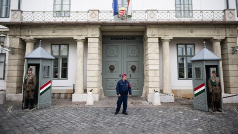 Guards in uniform stand at the entrance of a historic stone building with flagpoles and flags above the doorway.