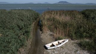 Narrow muddy water channel between tall reeds leading to a lake, with a small white boat on the shore and distant hills across the water.