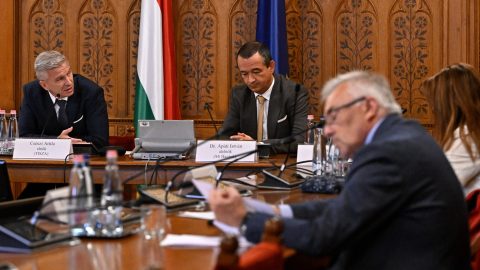 Two men in suits sit at a wooden conference table during a formal meeting, with the Hungarian flag and EU flag behind them.