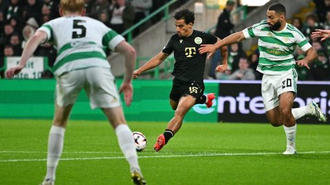 Ferencvaros' Australian midfielder #15 Daniel Arzani (C) scores the team's third goal during the UEFA Europa League, League phase football match between Celtic and Ferencvaros at Celtic Park in Glasgow on September 17, 2026.