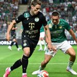 Kristoffer Zachariassen, a Ferencváros (b) és Szép Márton, az ETO játékosa a labdarúgó OTP Bank Liga 3. fordulójából elhalasztott ETO FC - Ferencvárosi TC mérkőzésen Győrben 2026. szeptember 3-án.