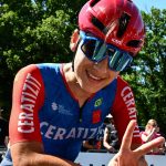 Ceratizit Pro Cycling's Afghan rider Fariba Hashimi flashes the V-sign after winning the women’s Elite race of the Afghan National Road Cycling championships organised in Les Herbiers, western France, on June 28, 2025.